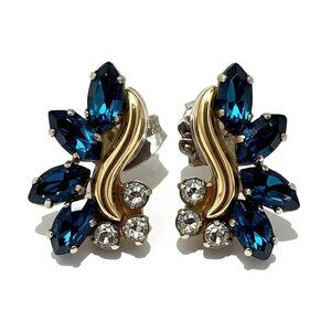 Vintage Blue Topaz & Clear Crystal Cluster Stud Earrings Gold Tone